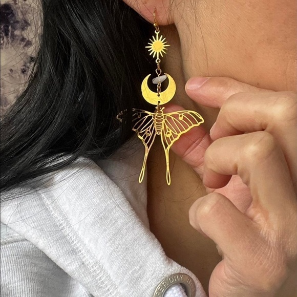 Luna Moth + Moon Dangle Earrings - Picture 6 of 6